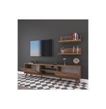 Mueble TV Completo en Melamina Color Nogal, 180x35x48.5 cm, con 2 Estantes